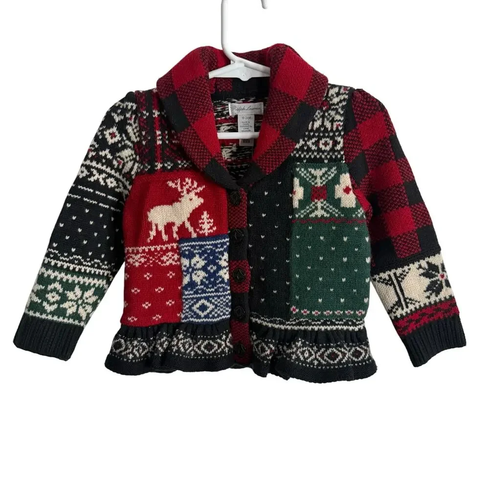 Ralph Lauren Girls Holiday Patchwork Wool Blend Knitted Sweater- Size 18-24mo‎